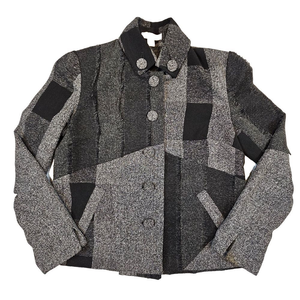 Coldwater Creek VTG Boxy‎ Tweed Fringe Pleated Jacket Preppy Goth  Plaid Gray 6